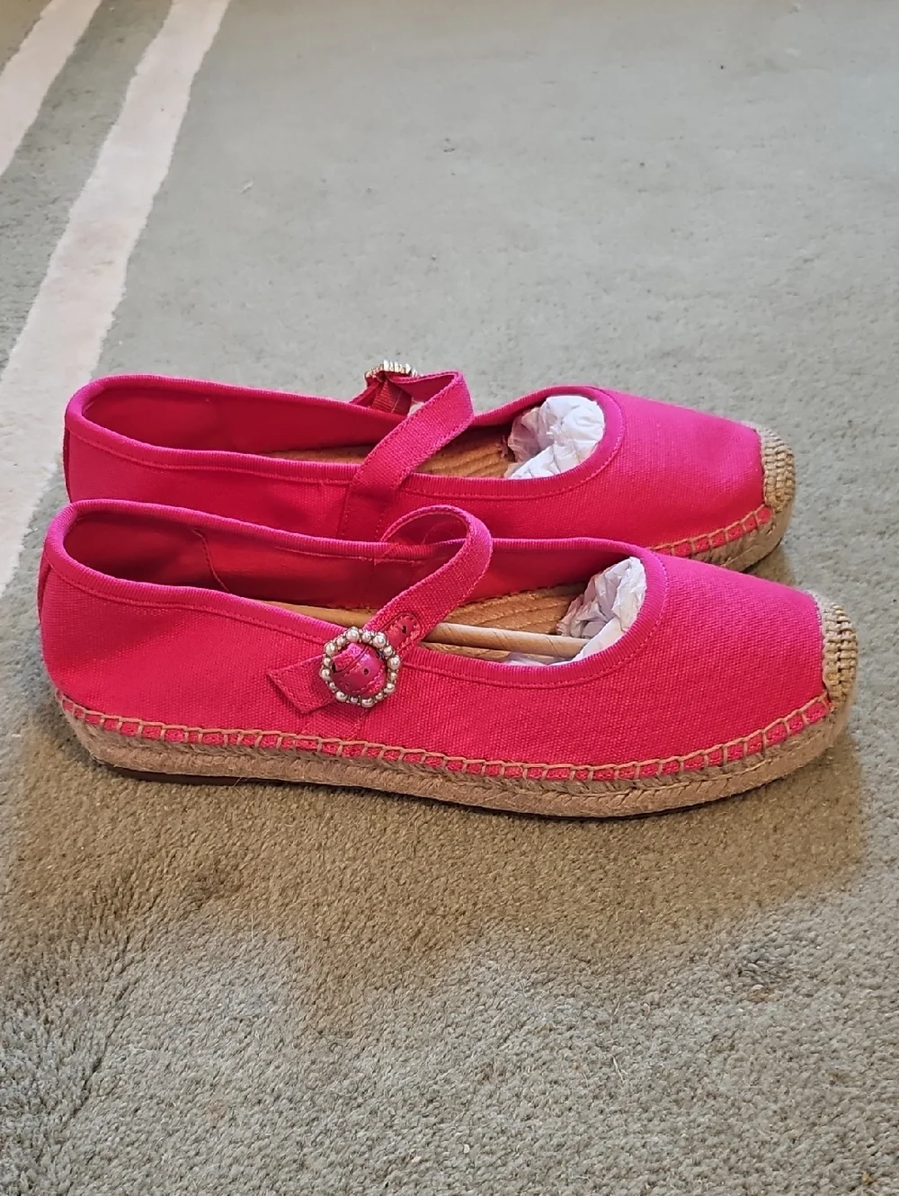 J. Crew Bright Pink Canvas Mary Jane Espadrille Flats with Buckle